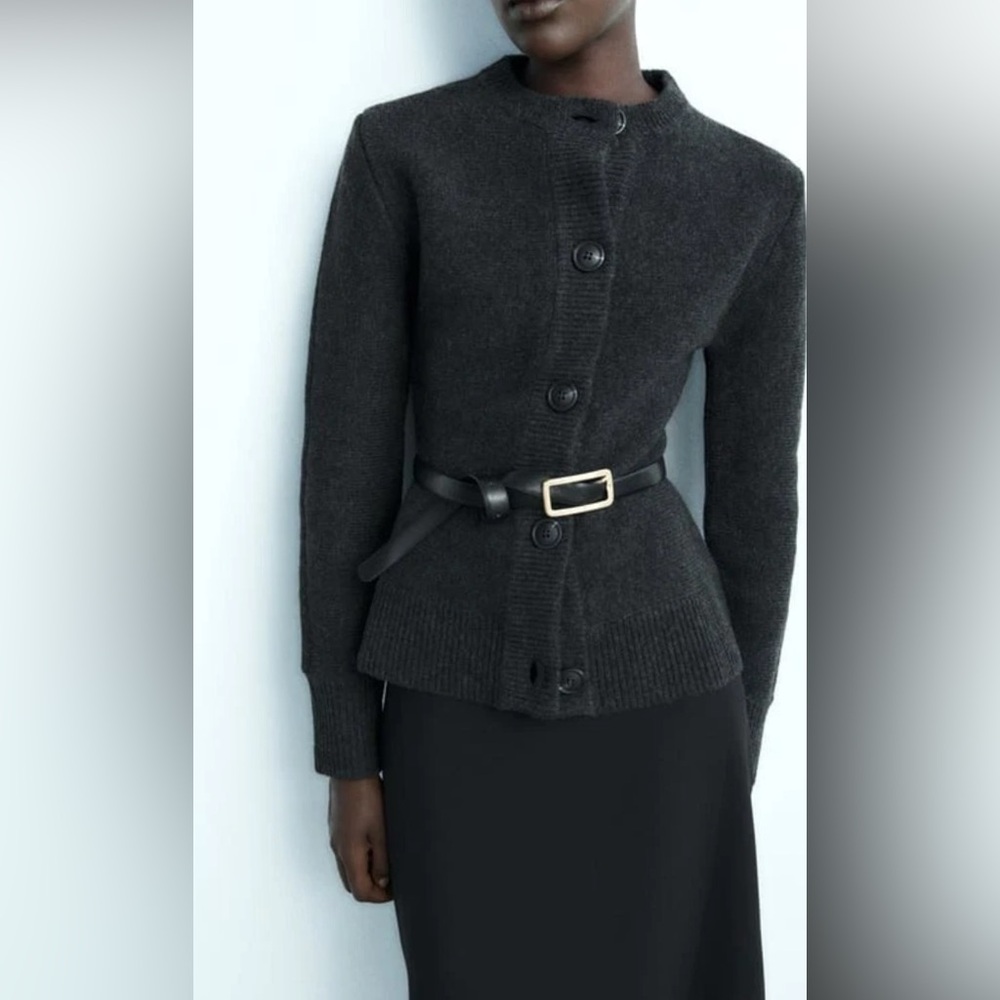 Zara 100% wool anthracite charcoal gray fitted cardigan small